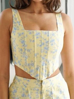 NWT Yllw Yellow The Label Andie Linen Floral Corset Tank Top in Yellow/Blue - S